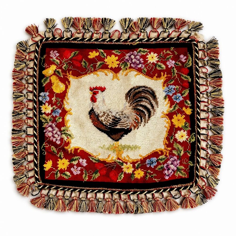 Needlepoint Rooster Pillow Cover Case Tassels French Country Cottage Farmhouse